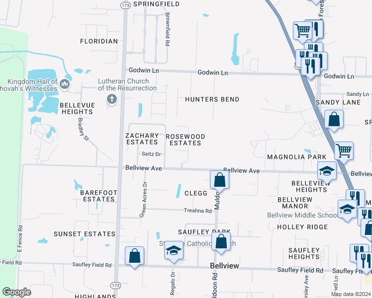 map of restaurants, bars, coffee shops, grocery stores, and more near 6024 Yellow Rose Drive in Pensacola
