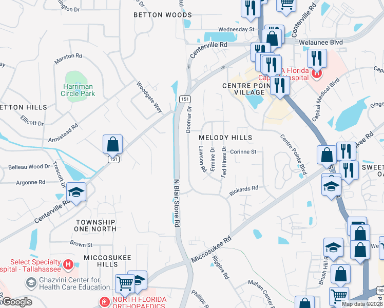map of restaurants, bars, coffee shops, grocery stores, and more near 2027 Doomar Drive in Tallahassee