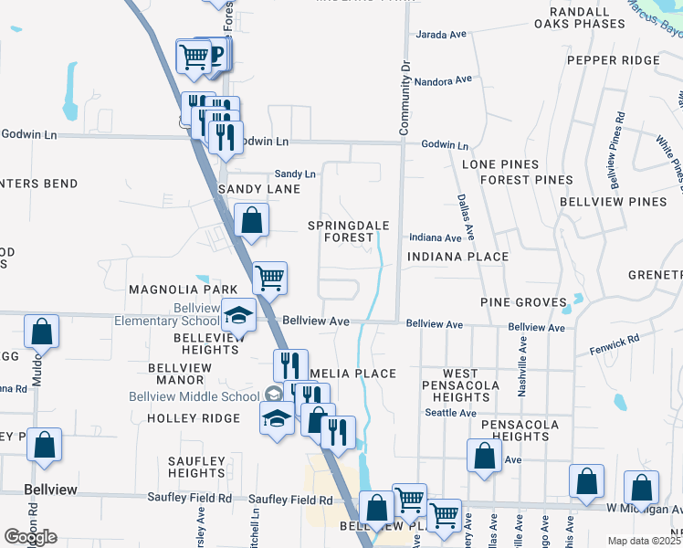 map of restaurants, bars, coffee shops, grocery stores, and more near 1712 Garlia Court in Pensacola