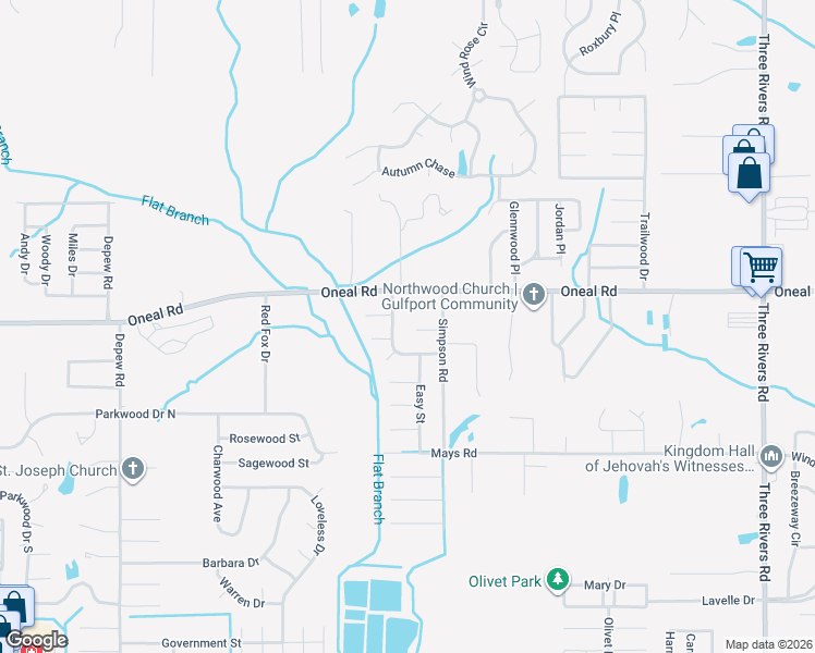 map of restaurants, bars, coffee shops, grocery stores, and more near 14421 Oneal Road in Gulfport