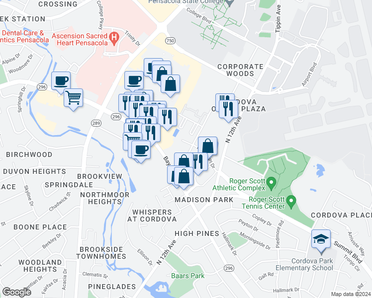 map of restaurants, bars, coffee shops, grocery stores, and more near 4901 Grande Drive in Pensacola
