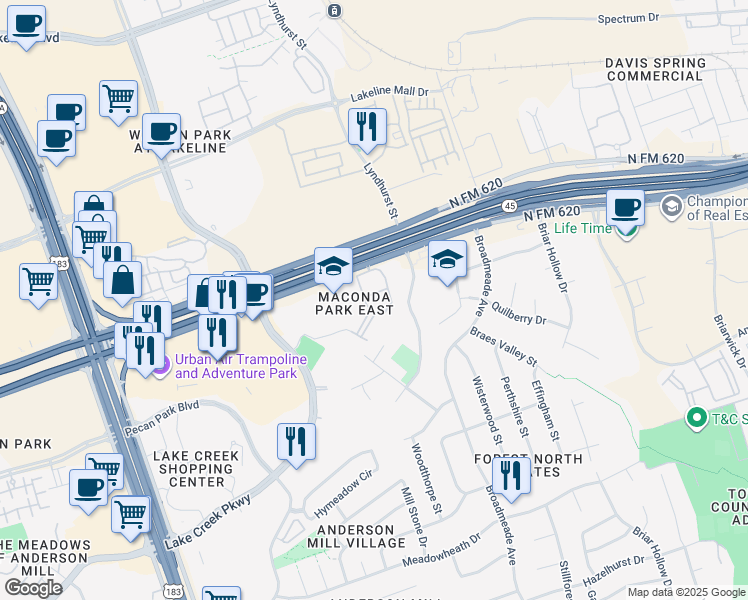 map of restaurants, bars, coffee shops, grocery stores, and more near 13425 Ranch Road 620 North in Austin