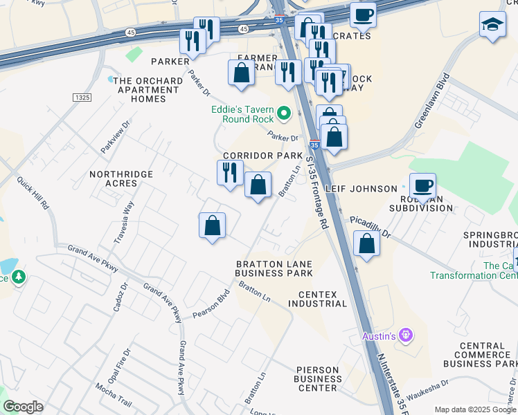 map of restaurants, bars, coffee shops, grocery stores, and more near 100 Michael Angelo Way in Austin