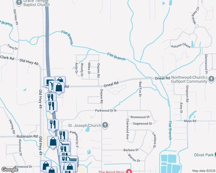 map of restaurants, bars, coffee shops, grocery stores, and more near 15235 Oneal Road in Gulfport