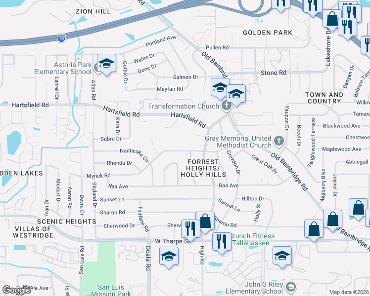 map of restaurants, bars, coffee shops, grocery stores, and more near 1711 Verina court in Tallahassee