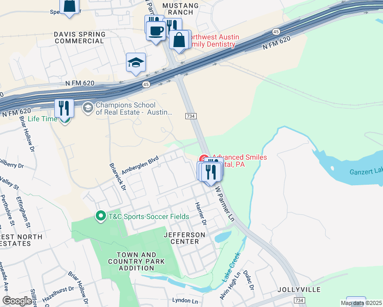 map of restaurants, bars, coffee shops, grocery stores, and more near 901 Amberglen Boulevard in Austin