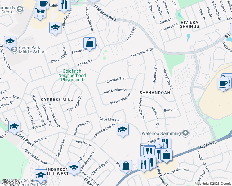 map of restaurants, bars, coffee shops, grocery stores, and more near 1515 Big Meadow Drive in Cedar Park