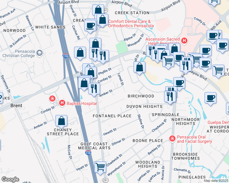 map of restaurants, bars, coffee shops, grocery stores, and more near 535 Amber Street in Pensacola