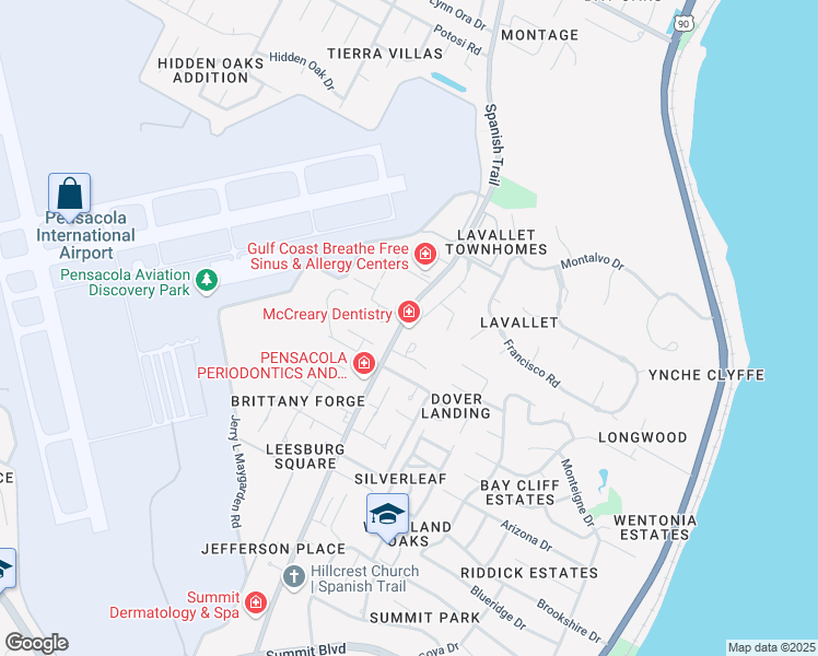 map of restaurants, bars, coffee shops, grocery stores, and more near 4500 Spanish Trail Road in Pensacola