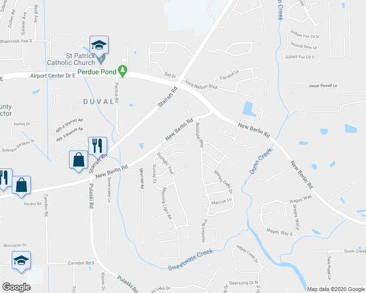 map of restaurants, bars, coffee shops, grocery stores, and more near 1280 Sunray Court in Jacksonville