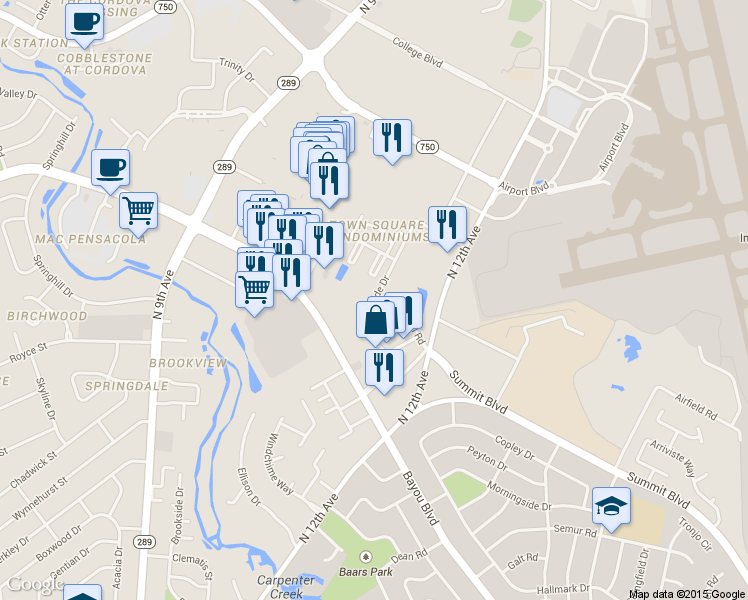 map of restaurants, bars, coffee shops, grocery stores, and more near Grande Drive in Pensacola