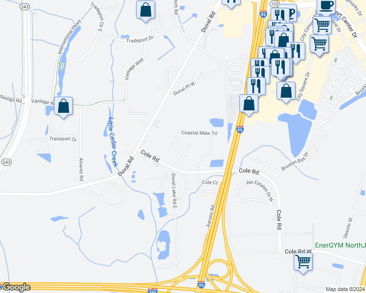 map of restaurants, bars, coffee shops, grocery stores, and more near 1316 Grassland Avenue in Jacksonville