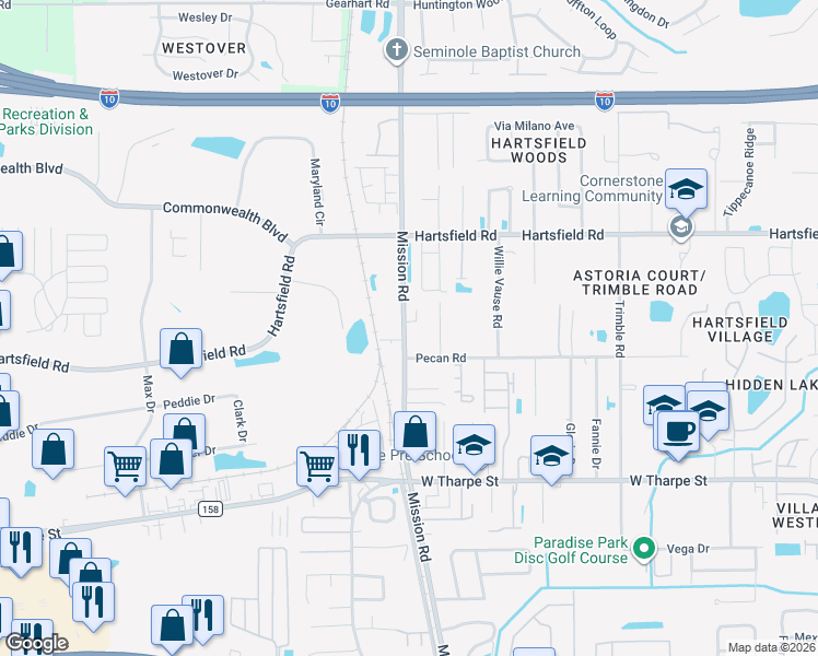 map of restaurants, bars, coffee shops, grocery stores, and more near 2799 Mission Run Court in Tallahassee