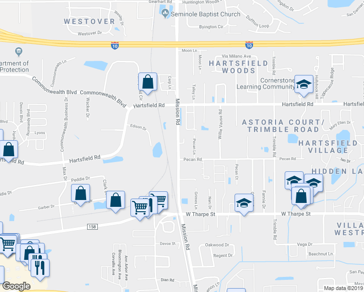 map of restaurants, bars, coffee shops, grocery stores, and more near 2787 Mission Run Court in Tallahassee