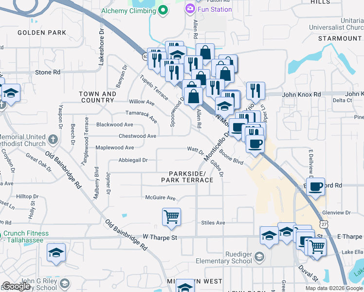 map of restaurants, bars, coffee shops, grocery stores, and more near 805 Chestwood Avenue in Tallahassee