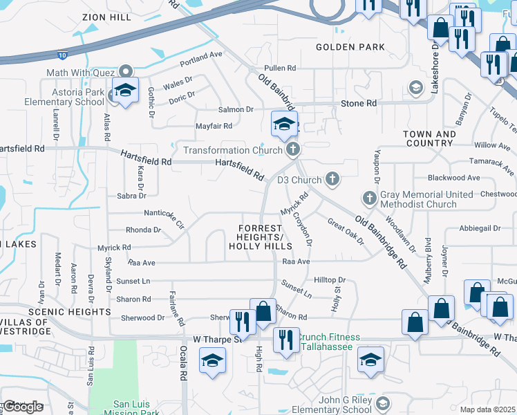 map of restaurants, bars, coffee shops, grocery stores, and more near 2204 High Road in Tallahassee