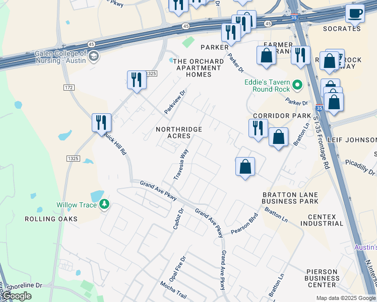 map of restaurants, bars, coffee shops, grocery stores, and more near 16233 Travesia Way in Austin