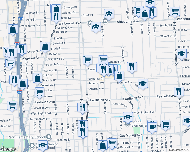 map of restaurants, bars, coffee shops, grocery stores, and more near 3626 Seneca Street in Baton Rouge