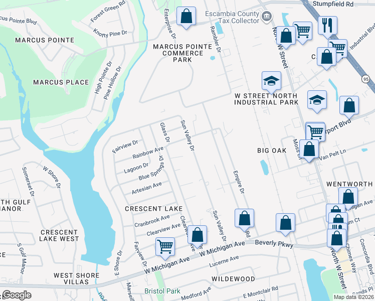 map of restaurants, bars, coffee shops, grocery stores, and more near 6512 Rainbow Avenue in Pensacola