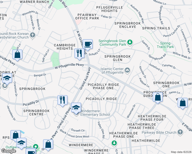 map of restaurants, bars, coffee shops, grocery stores, and more near 17741 Loch Linnhe Loop in Pflugerville