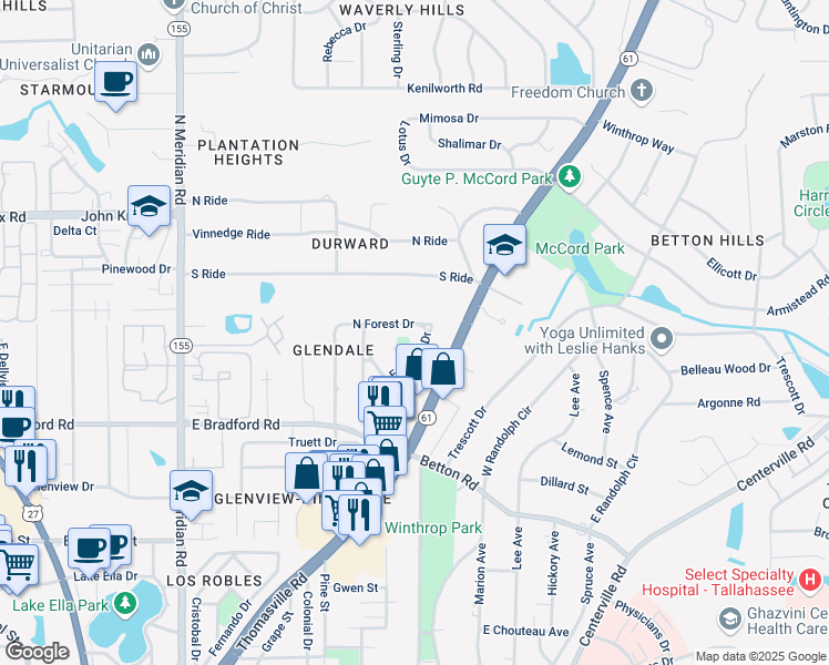 map of restaurants, bars, coffee shops, grocery stores, and more near 840 North Forest Drive in Tallahassee