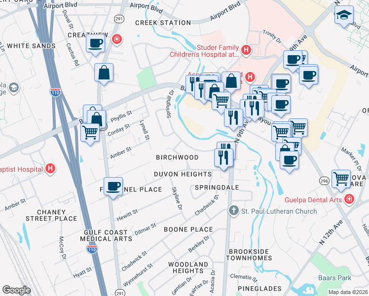 map of restaurants, bars, coffee shops, grocery stores, and more near 4977 Springhill Drive in Pensacola