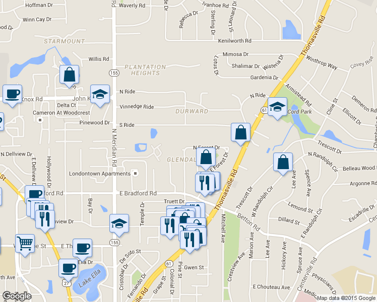 map of restaurants, bars, coffee shops, grocery stores, and more near 2087 West Forest Drive in Tallahassee