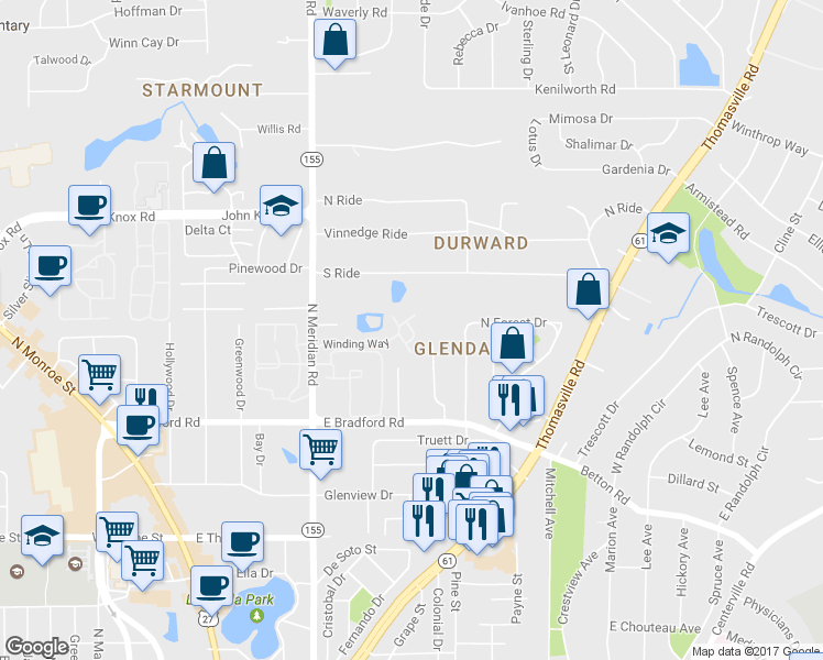 map of restaurants, bars, coffee shops, grocery stores, and more near 2131 North Meridian Road in Tallahassee