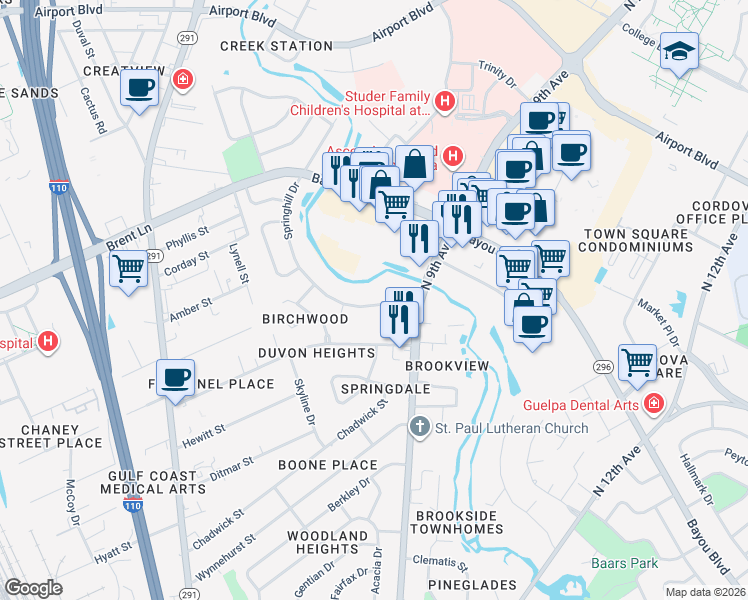 map of restaurants, bars, coffee shops, grocery stores, and more near 4936 Springhill Drive in Pensacola