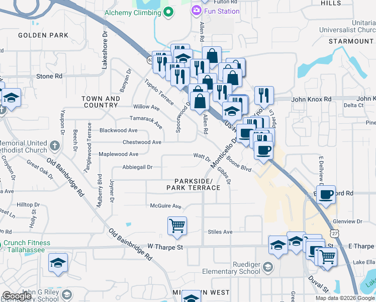 map of restaurants, bars, coffee shops, grocery stores, and more near 805 Chestwood Avenue in Tallahassee