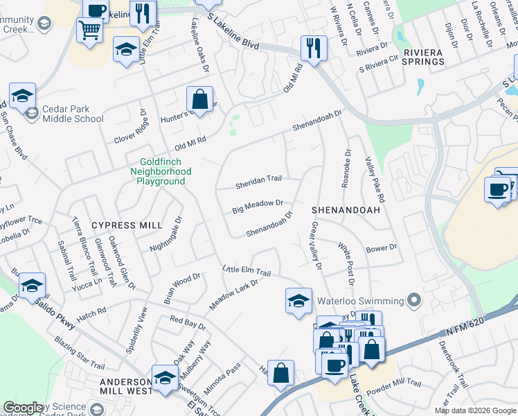 map of restaurants, bars, coffee shops, grocery stores, and more near 1508 Big Meadow Drive in Cedar Park