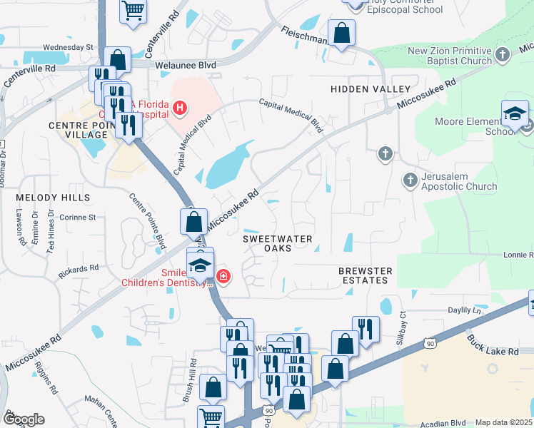 map of restaurants, bars, coffee shops, grocery stores, and more near 1780 River Birch Hollow in Tallahassee