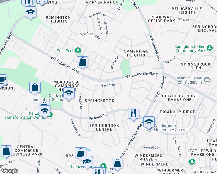 map of restaurants, bars, coffee shops, grocery stores, and more near 1626 Bengal Drive in Round Rock
