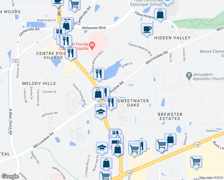 map of restaurants, bars, coffee shops, grocery stores, and more near 2800-2820 Miccosukee Road in Tallahassee