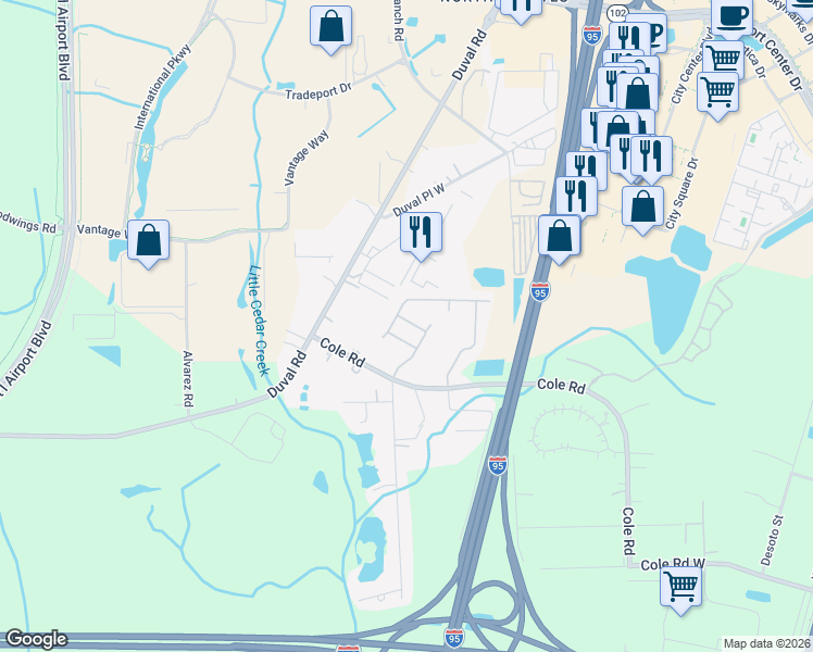 map of restaurants, bars, coffee shops, grocery stores, and more near 1328 Grassland Avenue in Jacksonville