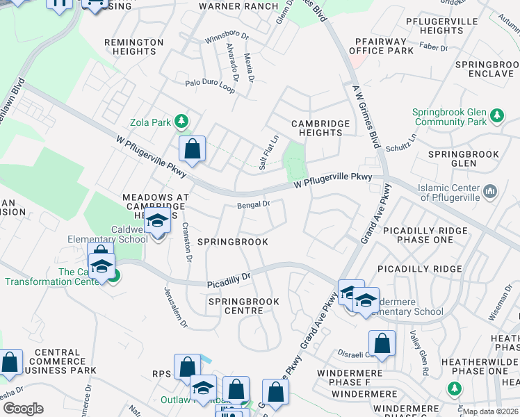 map of restaurants, bars, coffee shops, grocery stores, and more near 1610 Bengal Drive in Round Rock