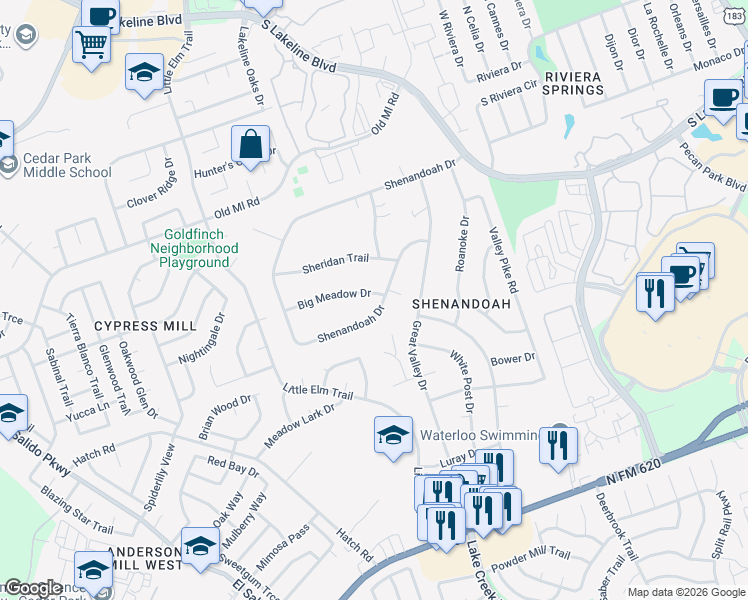 map of restaurants, bars, coffee shops, grocery stores, and more near 1412 Shenandoah Drive in Cedar Park
