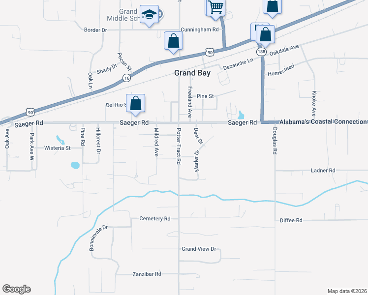 map of restaurants, bars, coffee shops, grocery stores, and more near 10571 Potter Tract Road in Grand Bay