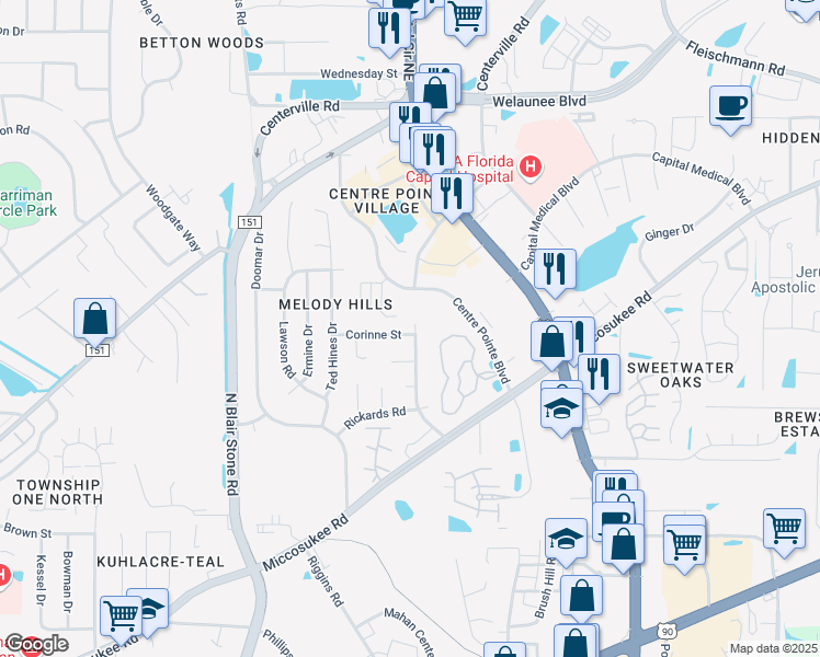 map of restaurants, bars, coffee shops, grocery stores, and more near 2142 Corinne Street in Tallahassee