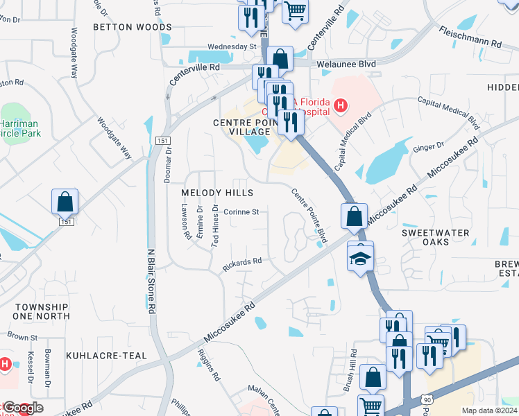map of restaurants, bars, coffee shops, grocery stores, and more near 2142 Corinne Street in Tallahassee