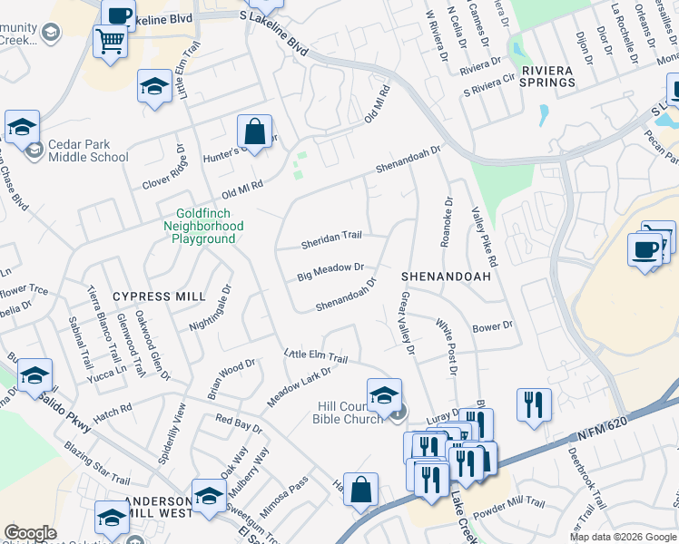 map of restaurants, bars, coffee shops, grocery stores, and more near 1506 Big Meadow Drive in Cedar Park