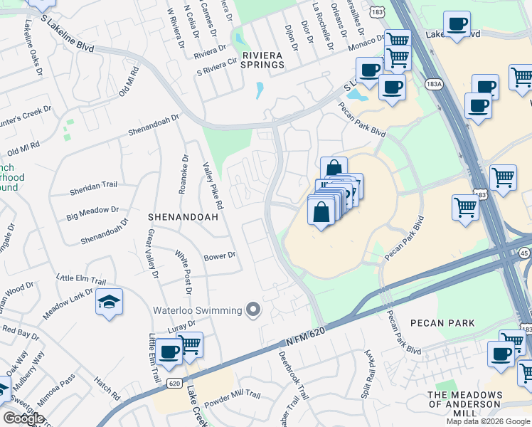 map of restaurants, bars, coffee shops, grocery stores, and more near 12700 Ridgeline Boulevard in Cedar Park