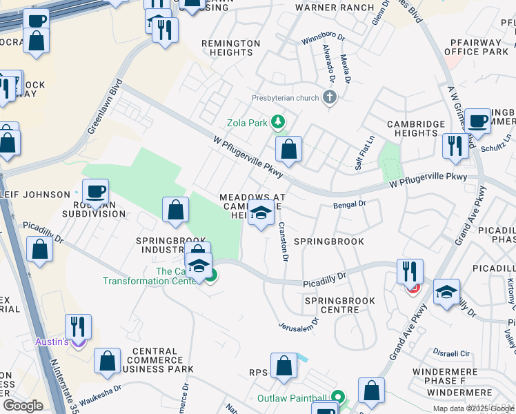 map of restaurants, bars, coffee shops, grocery stores, and more near 1807 Silone Circle in Round Rock
