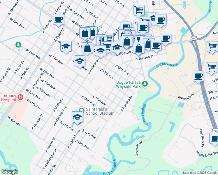 map of restaurants, bars, coffee shops, grocery stores, and more near 413 South Jahncke Avenue in Covington