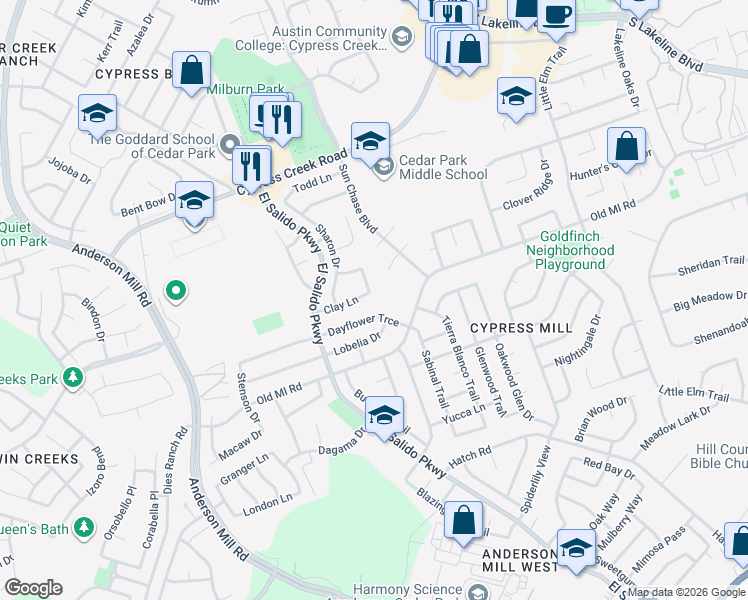 map of restaurants, bars, coffee shops, grocery stores, and more near 1700 Clay Lane in Cedar Park