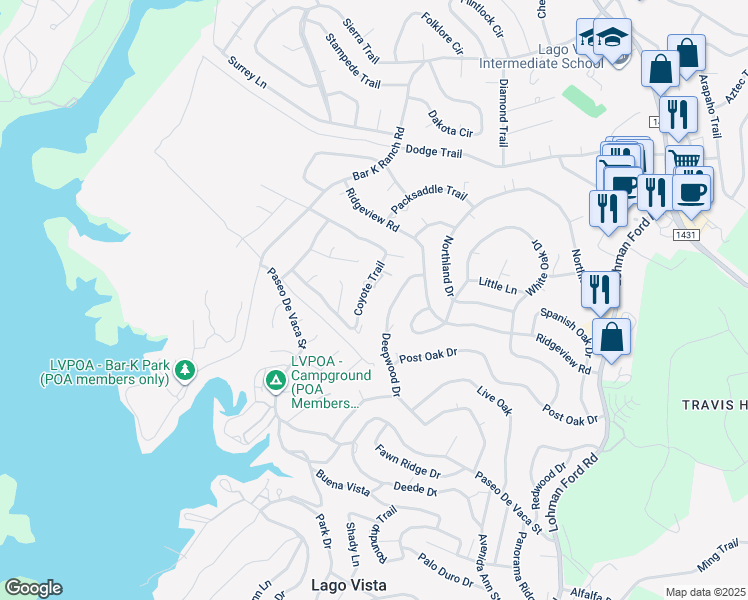 map of restaurants, bars, coffee shops, grocery stores, and more near 21465 Coyote Trail in Lago Vista
