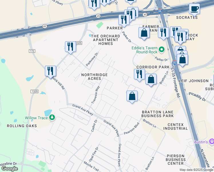 map of restaurants, bars, coffee shops, grocery stores, and more near 16324 Copper Ellis Trace in Austin