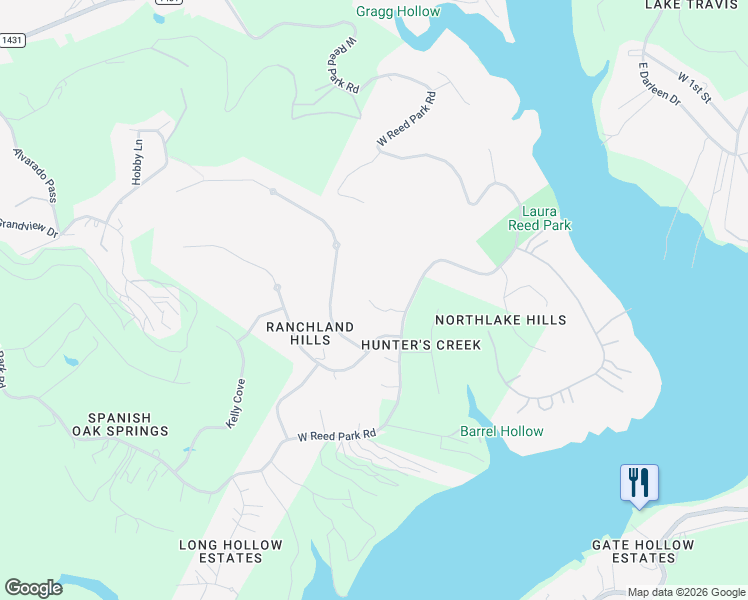 map of restaurants, bars, coffee shops, grocery stores, and more near 17652 West Reed Park Road in Jonestown