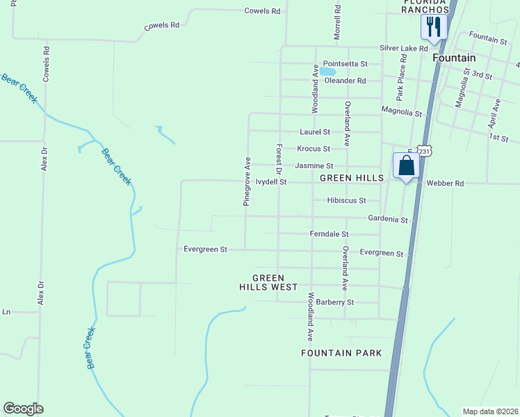 map of restaurants, bars, coffee shops, grocery stores, and more near 11707 Gardenia Street in Fountain