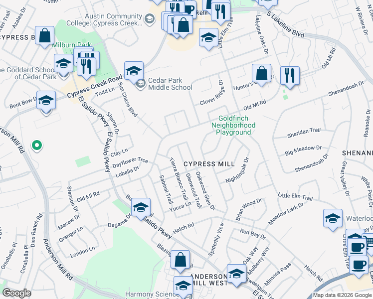 map of restaurants, bars, coffee shops, grocery stores, and more near 2604 Oakwood Glen Drive in Cedar Park